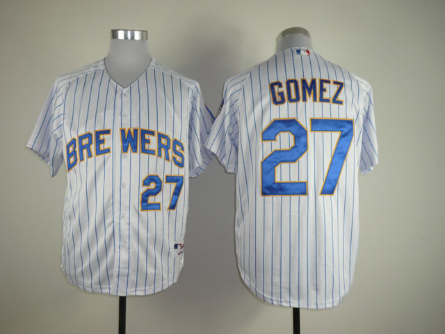 Men Milwaukee Brewers 27 Gomez White Stripe MLB Jerseys